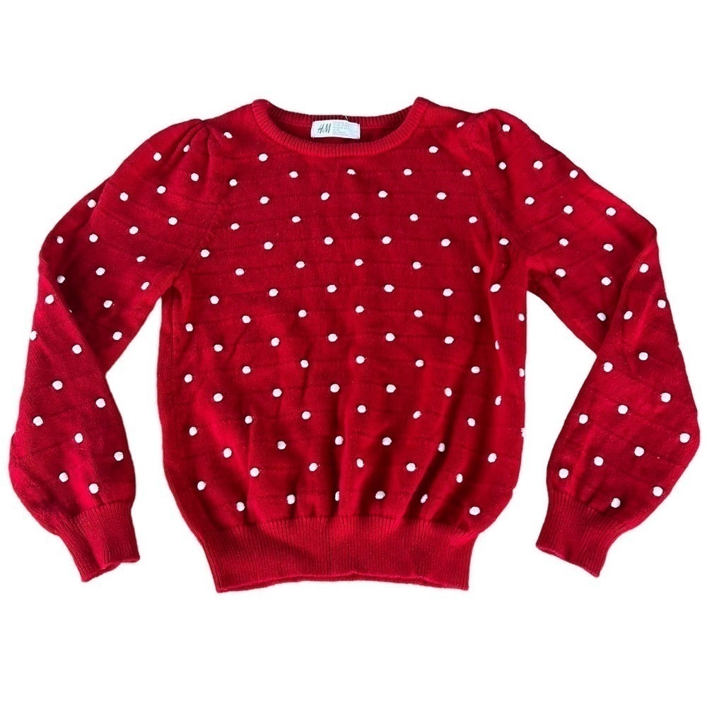 H&M Textured Knit Sweater 6X/7 Red White Polka Dots Puff Sleeves GUC